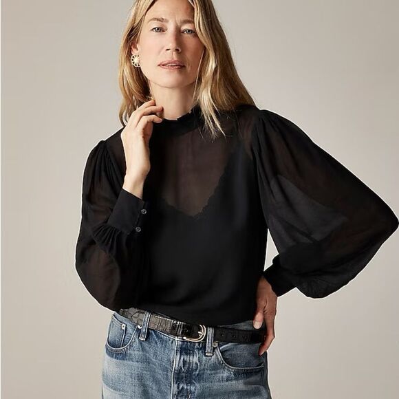 NWT J CREW Ruffleneck top in chiffon in black - Picture 1 of 6